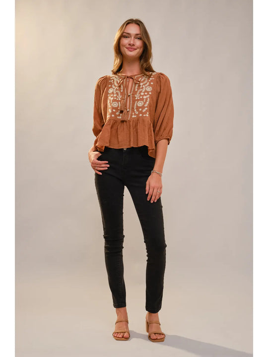 Buffalo Belle - Gabby 3/4 Puff Sleeve Embroidered Peplum Blouse