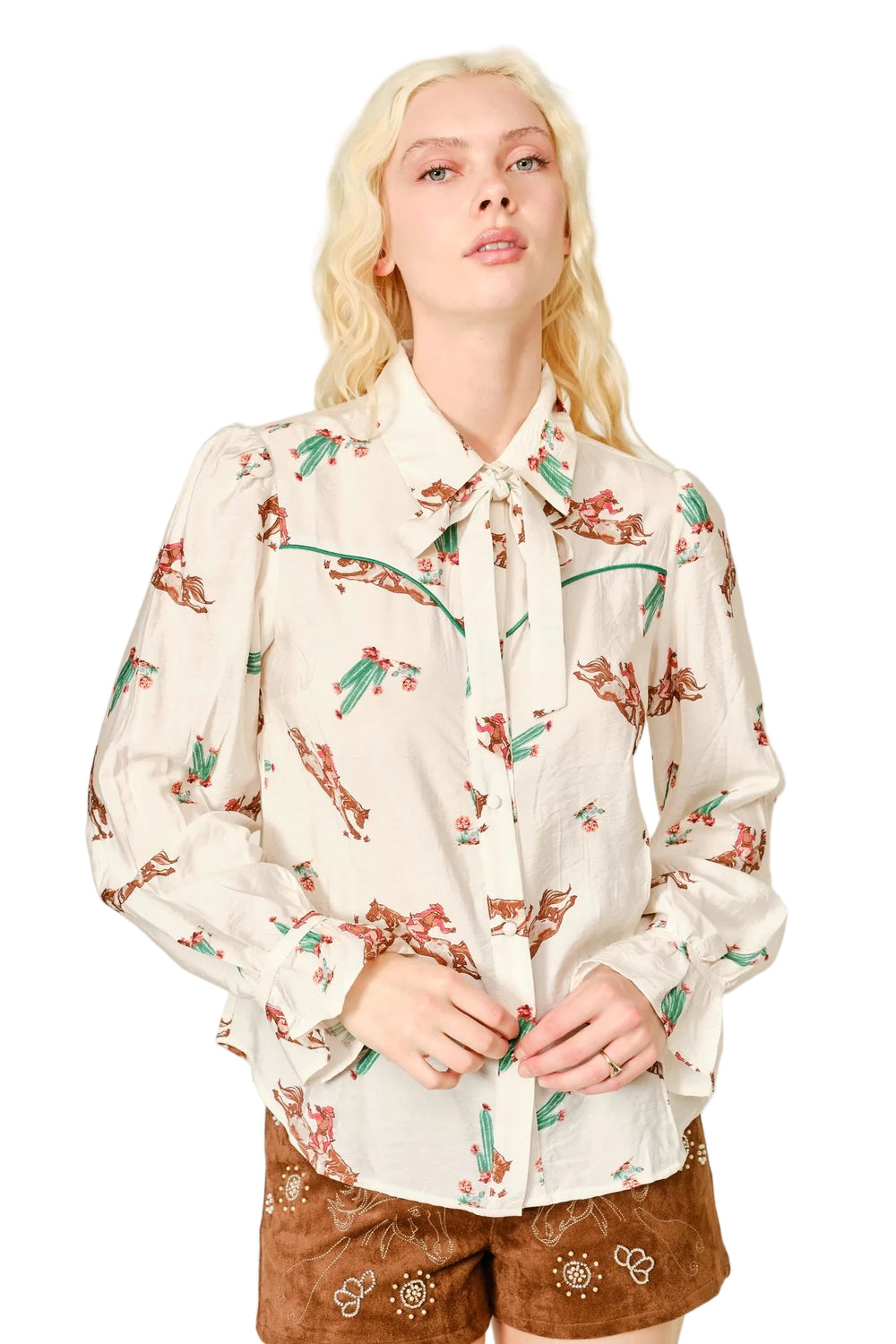 Buffalo Belle - Women's Western Print Neck Tie Blouse