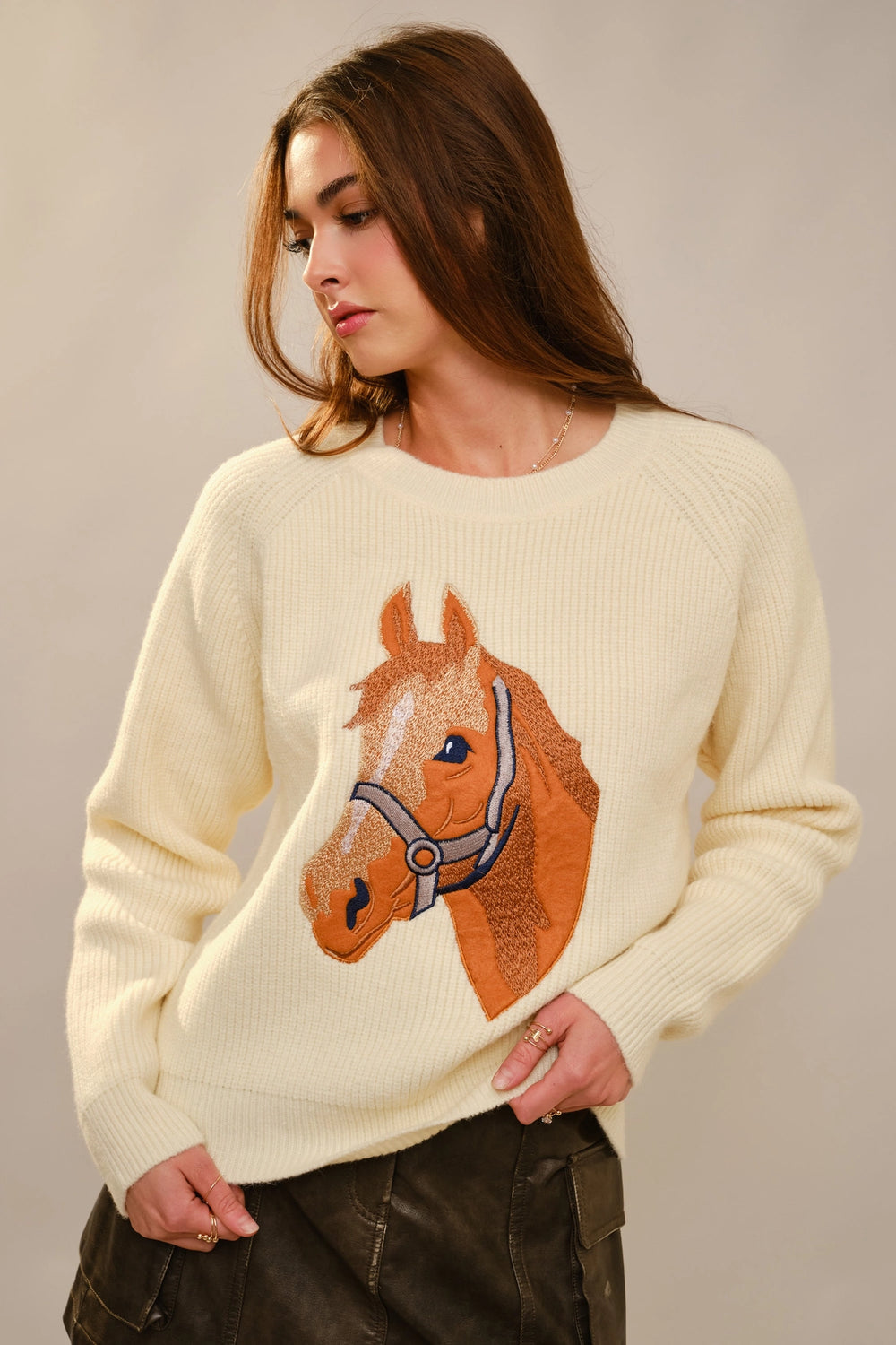 Buffalo Belle - Womens Cream Horse Embroidery Knit  Sweater