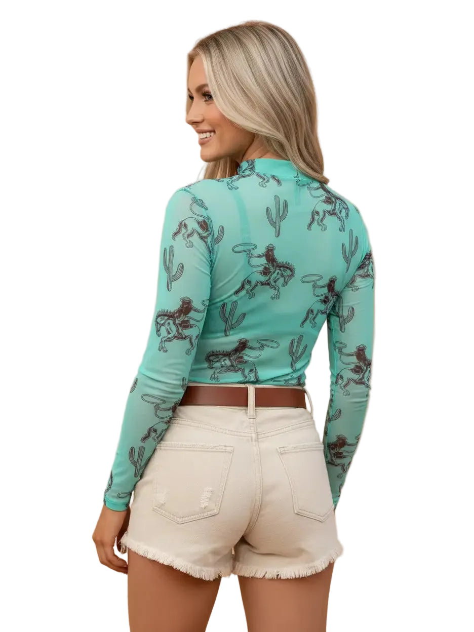 Buffalo Belle - Womens Western Cowboy Mesh Long Sleeve Top