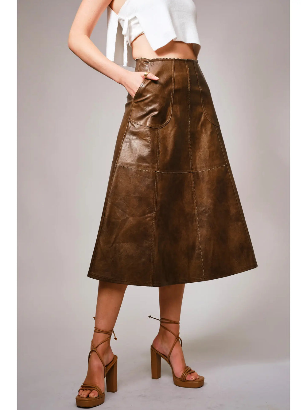 Buffalo Belle - Zigzag Seam Faux Leather Midi Skirt