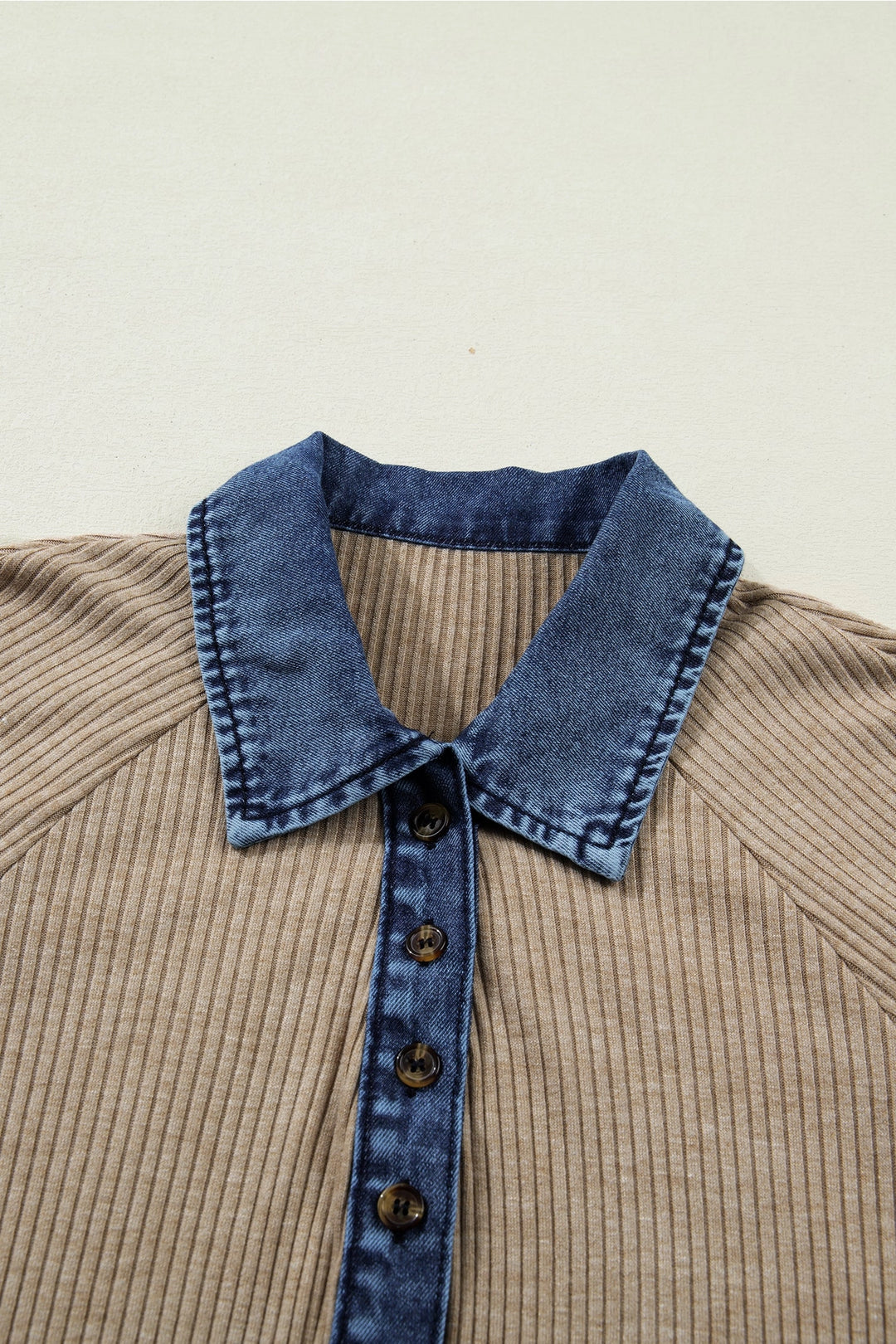 Buffalo Belle - Women's Denim Patchwork Ribbed Knit Polo Collared Top