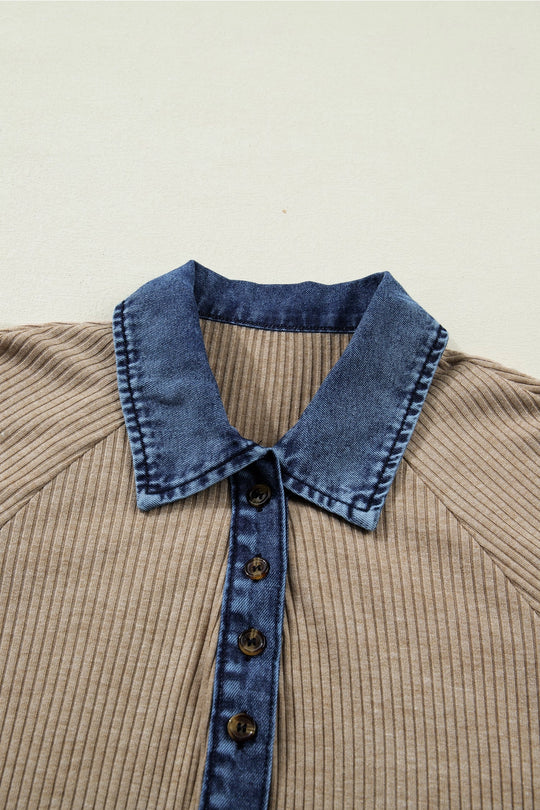 Buffalo Belle - Women's Denim Patchwork Ribbed Knit Polo Collared Top