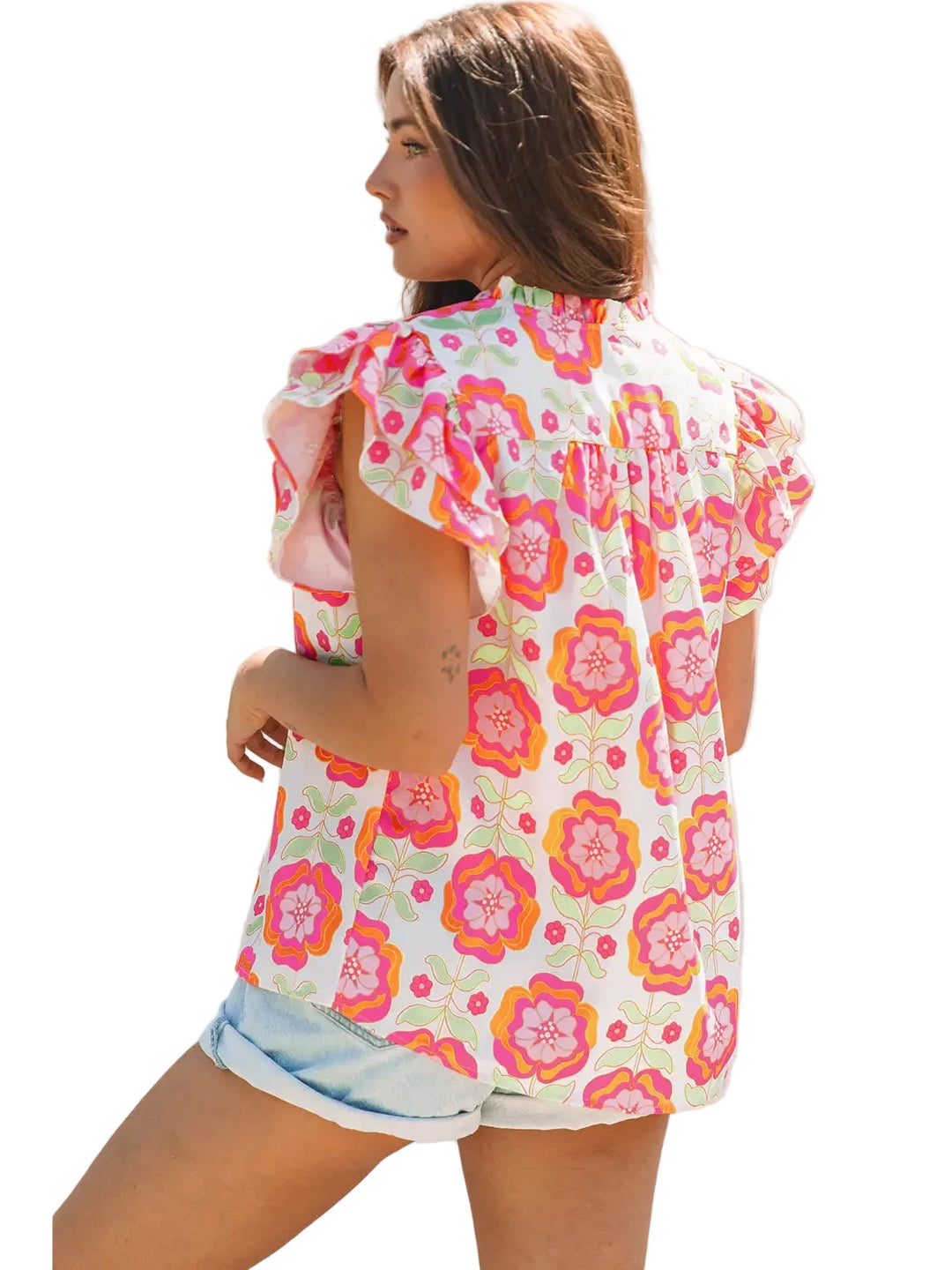 Buffalo Belle - Womens Floral Ricrac Trim Ruffle Sleeve Blouse