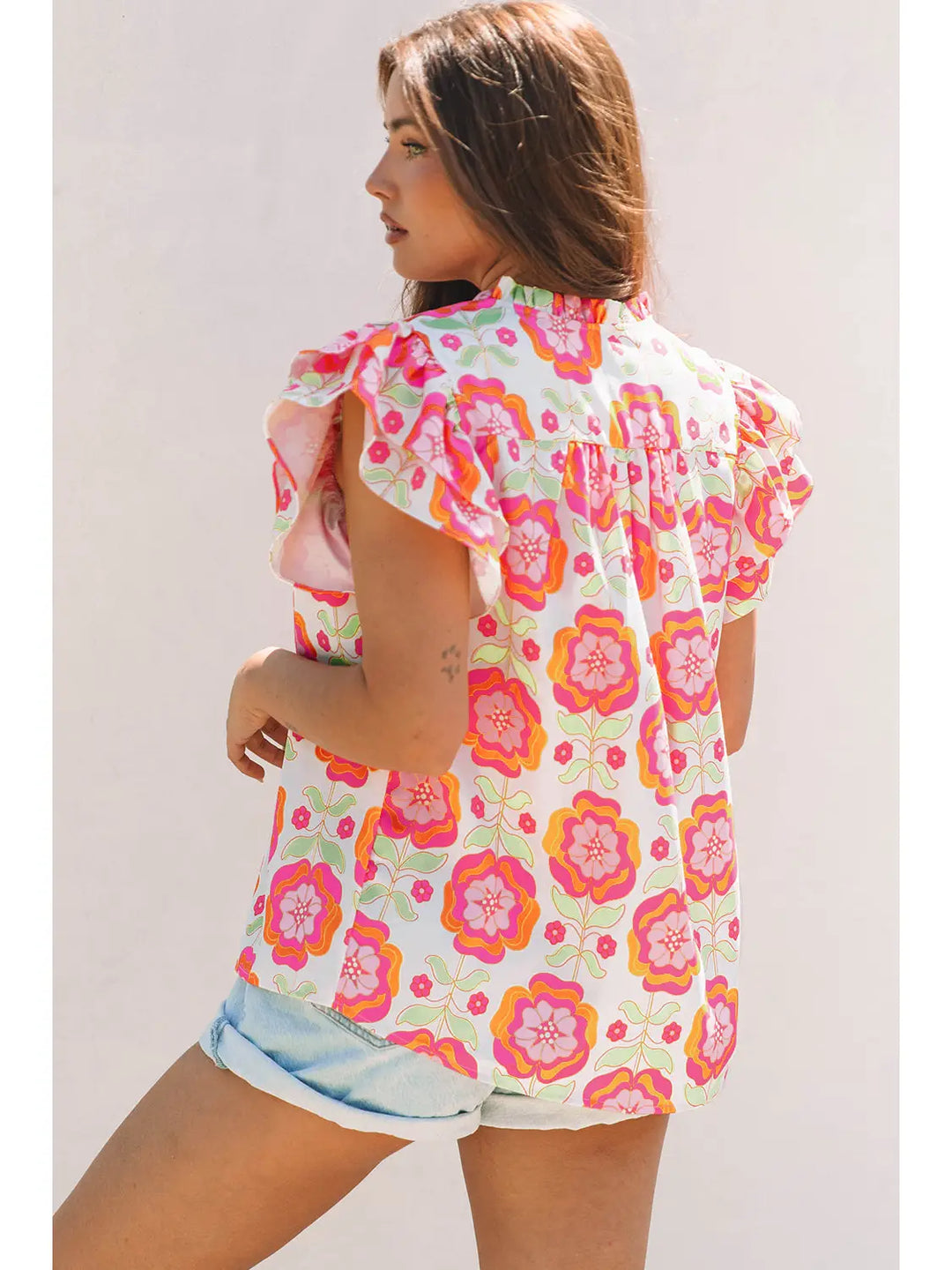 Buffalo Belle - Womens Floral Ricrac Trim Ruffle Sleeve Blouse