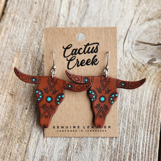 Cactus Creek - Southwest Skull Tooled Leather Earrings