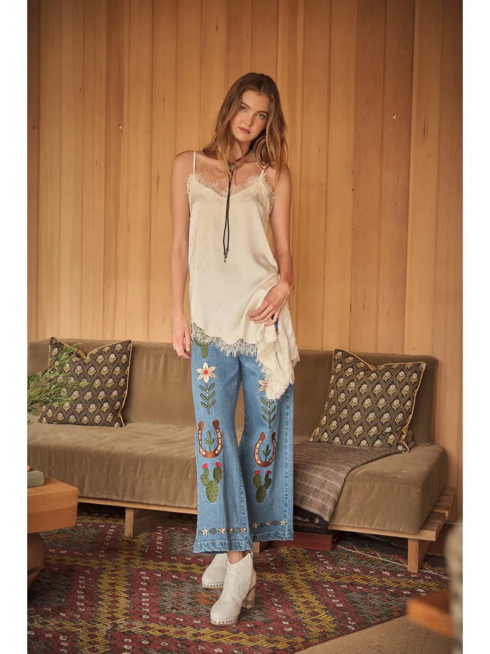 Buffalo Belle - Womens Wide Leg Embroidered Denim Pants