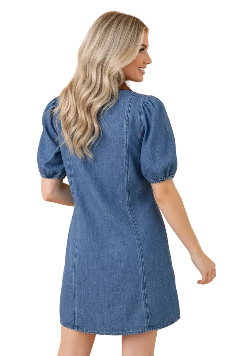Buffalo Belle - Women's Denim Patchwork Collar Puff Sleeve Mini Dress
