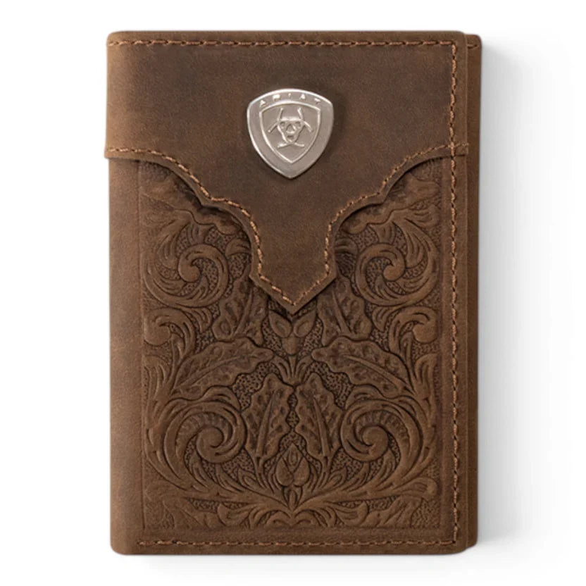 Ariat - Overlay Embossed Tri-Fold Wallet Medium Brown
