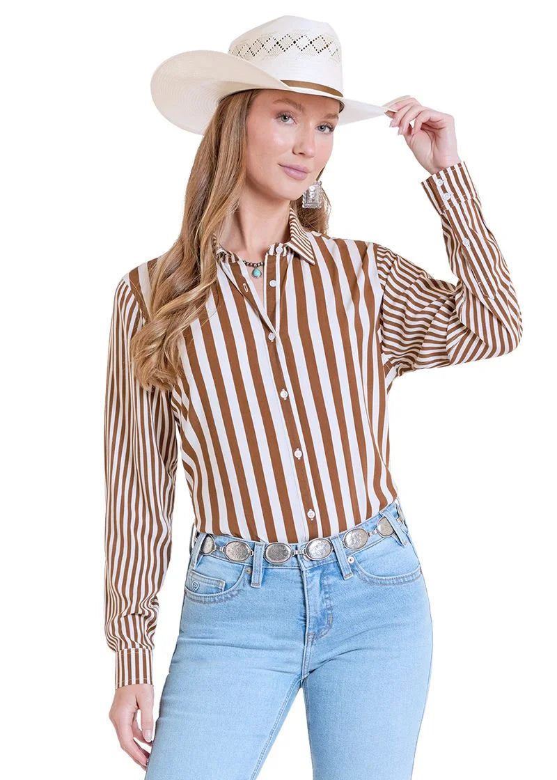 Panhandle Slim - Women's Striped Long Sleeve Arena Shirt Beige