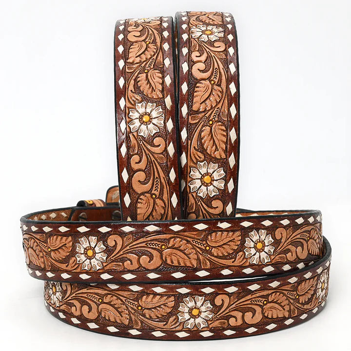 American Darling - Emery Handtooled Western Leather Belt White Daisy Floral Design With Matching Buckle