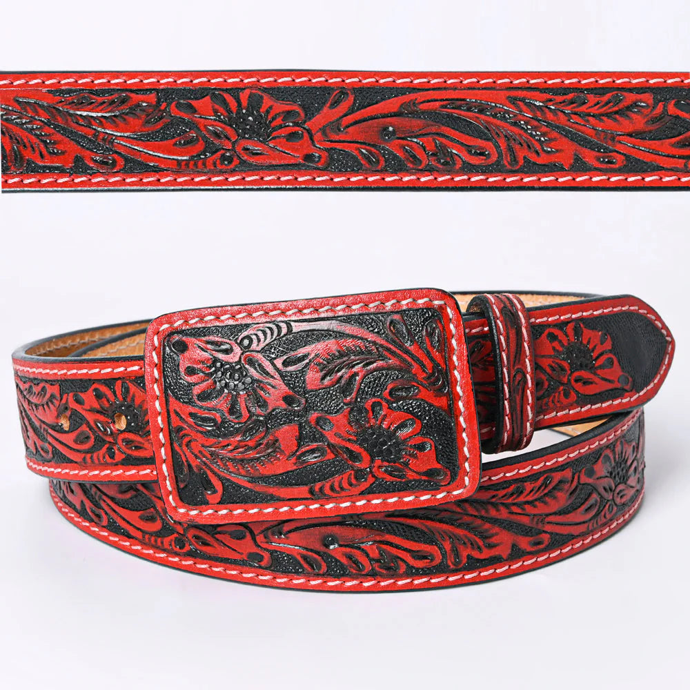 American Darling - Rose Red & Black Hand-Tooled Leather Belt With Matching Floral Buckle