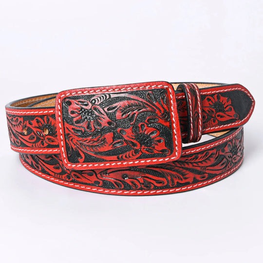 American Darling - Rose Red & Black Hand-Tooled Leather Belt With Matching Floral Buckle