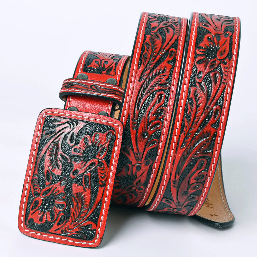 American Darling - Rose Red & Black Hand-Tooled Leather Belt With Matching Floral Buckle