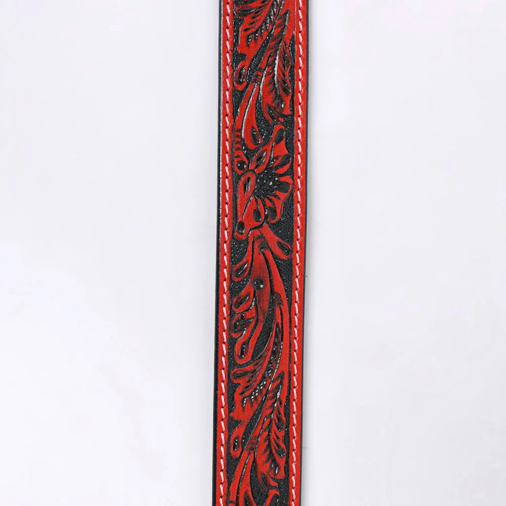 American Darling - Rose Red & Black Hand-Tooled Leather Belt With Matching Floral Buckle
