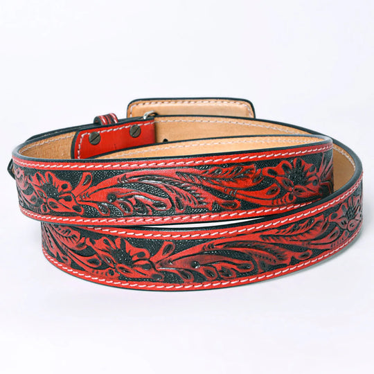 American Darling - Rose Red & Black Hand-Tooled Leather Belt With Matching Floral Buckle
