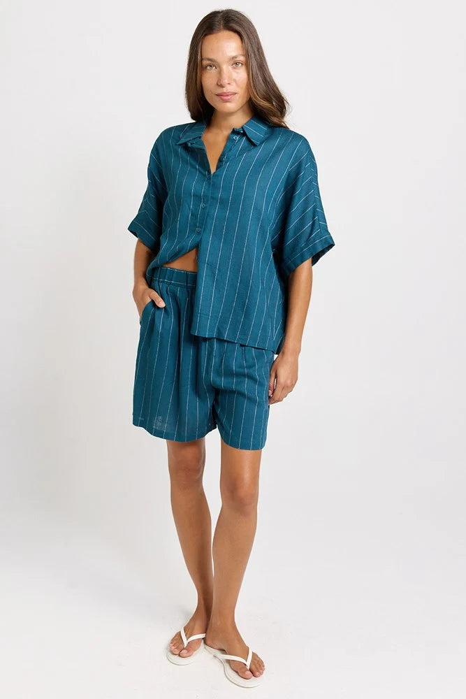 Buffalo Belle - Womens Palm Teal/White Stripe Relax Shorts