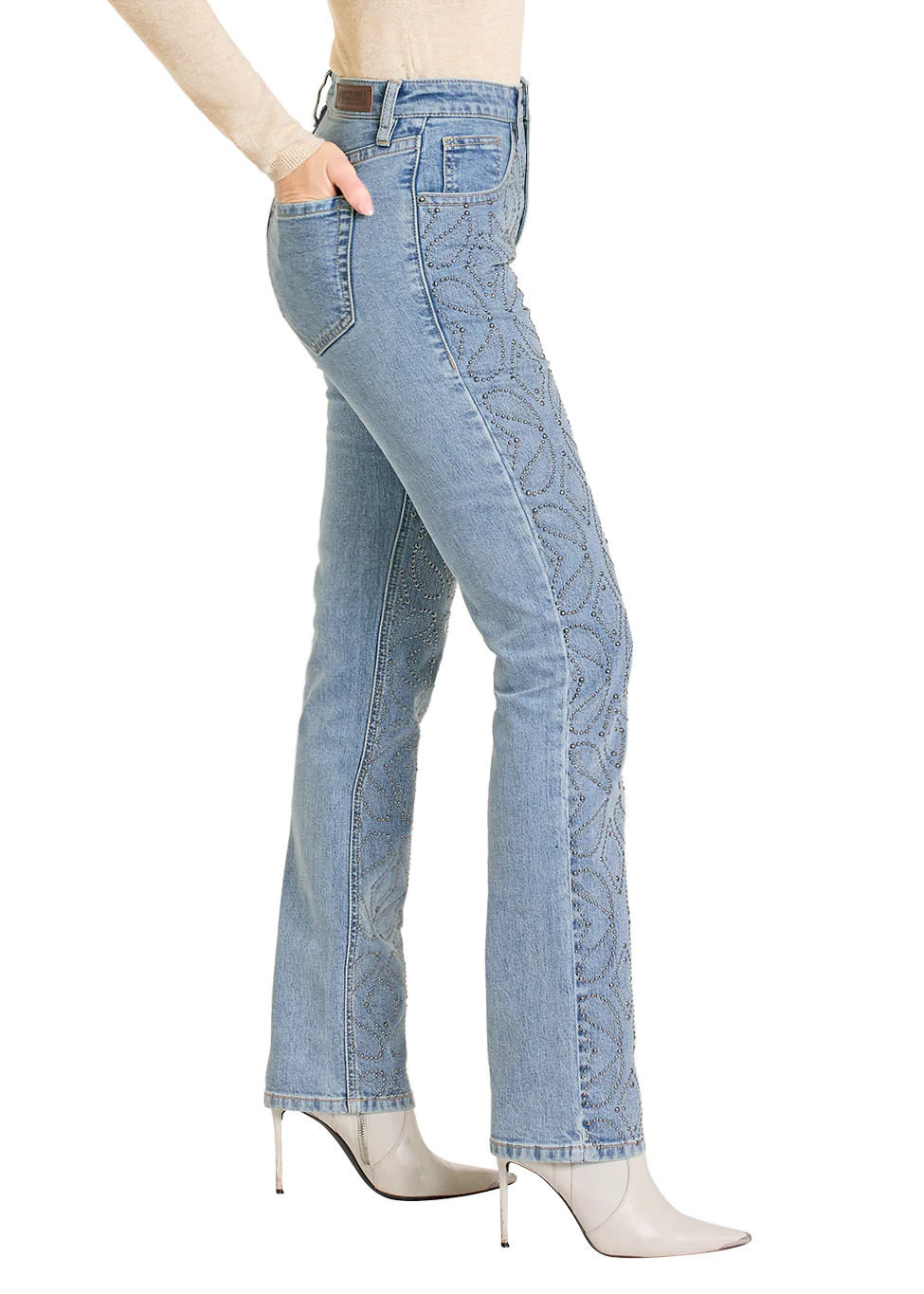 Rock & Roll - Womens Paisley Studded High Rise Straight Leg Jeans