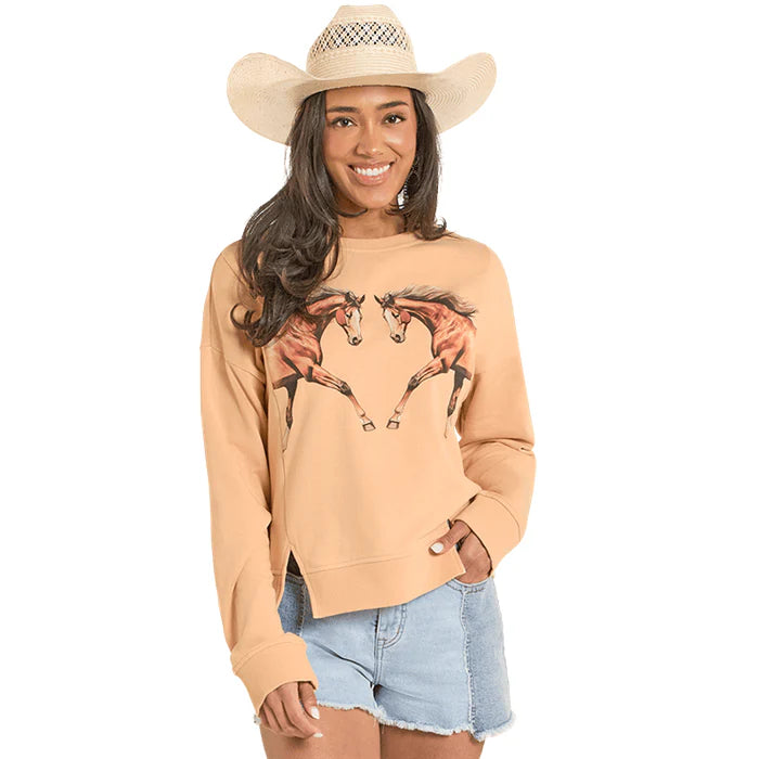 Rock & Roll - Women's Horse Graphic Pullover Tan
