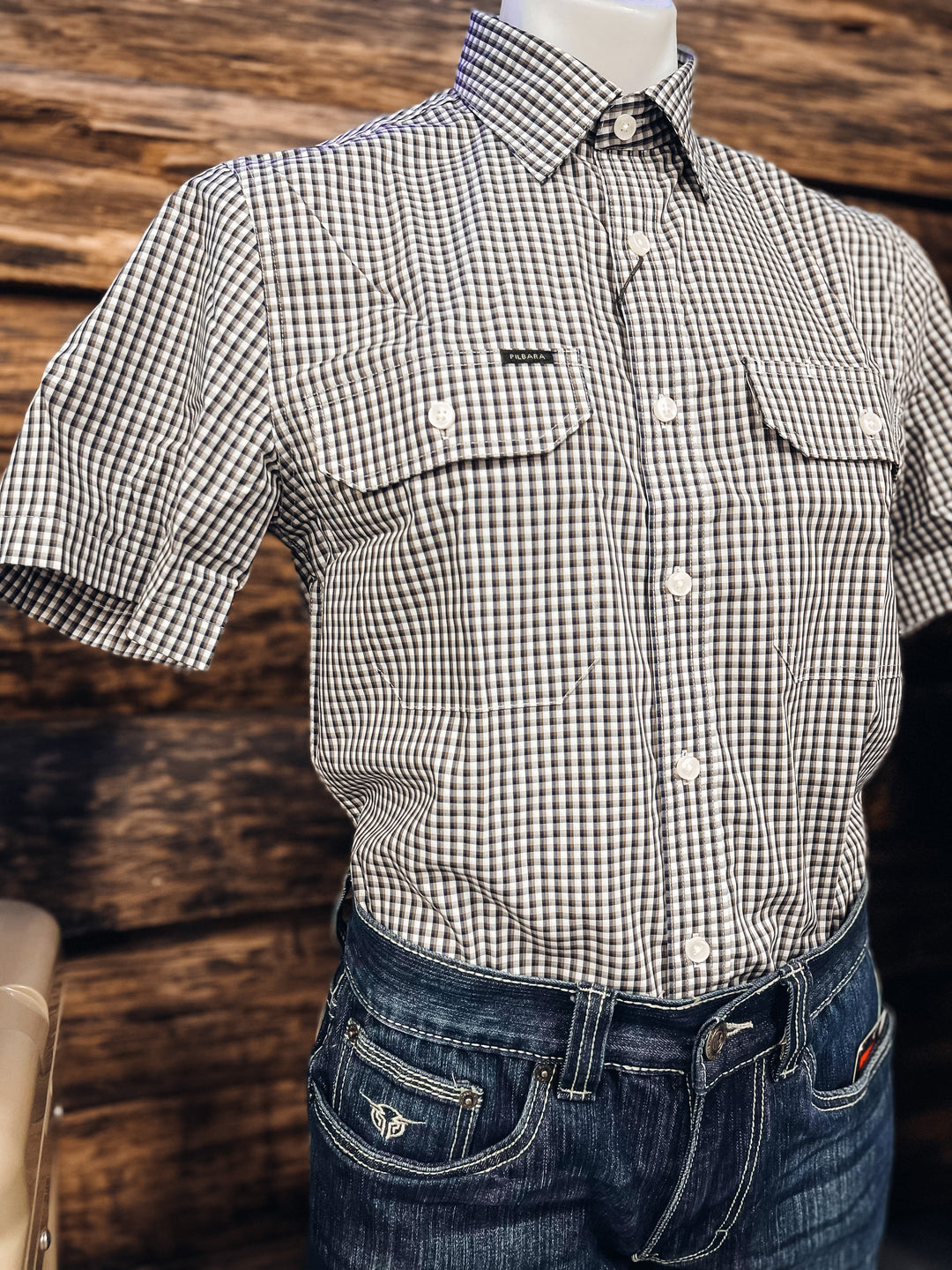 Pilbara - Mens Short Sleeve Brown/Navy/White Check