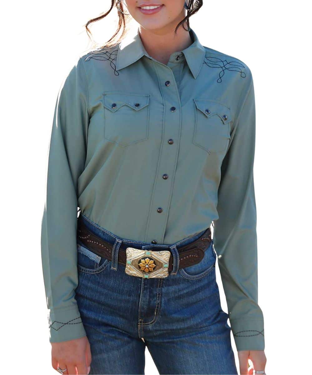 Cruel Girl - Womens Western Scroll Green Arena Shirt