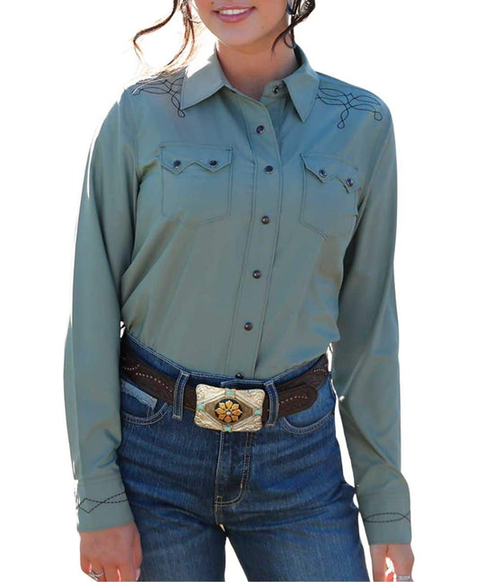 Cruel Girl - Womens Western Scroll Green Arena Shirt