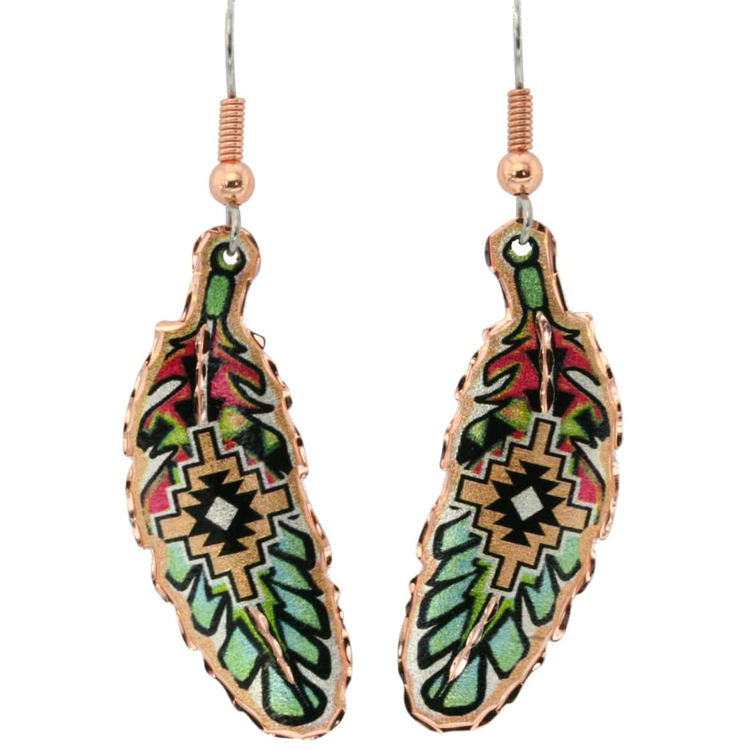 Native American - Green Gold Feather Earrings