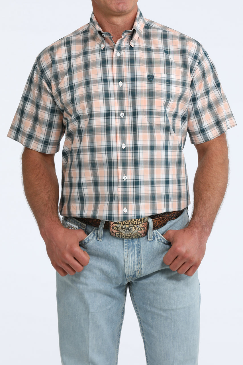 Cinch - Men's Green/Coral Plaid SS Arena Shirt