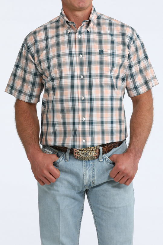 Cinch - Men's Green/Coral Plaid SS Arena Shirt