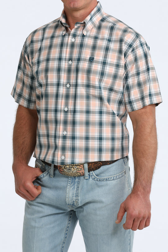Cinch - Men's Green/Coral Plaid SS Arena Shirt