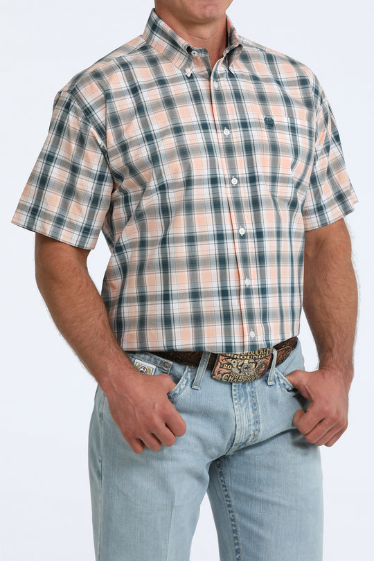 Cinch - Men's Green/Coral Plaid SS Arena Shirt