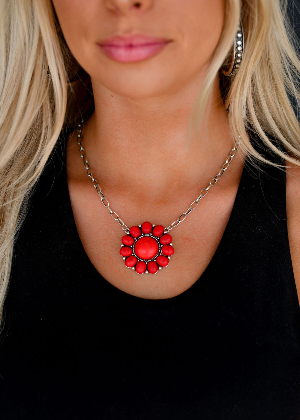 West & Co - Red Flower Concho Necklace
