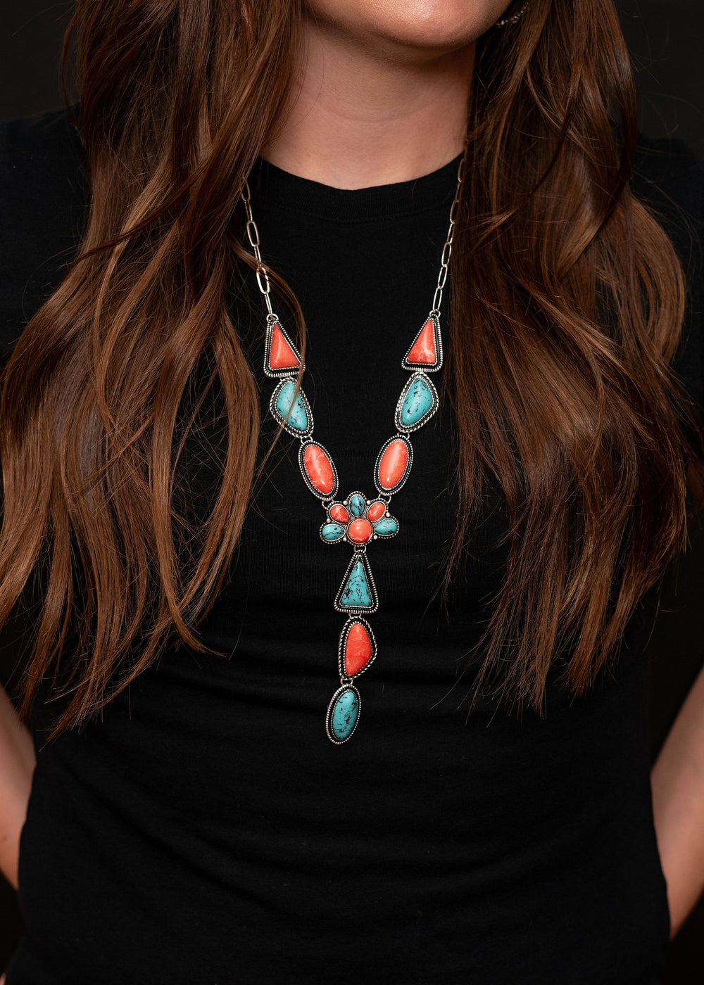 West & Co - Turquoise & Coral Lariat Necklace