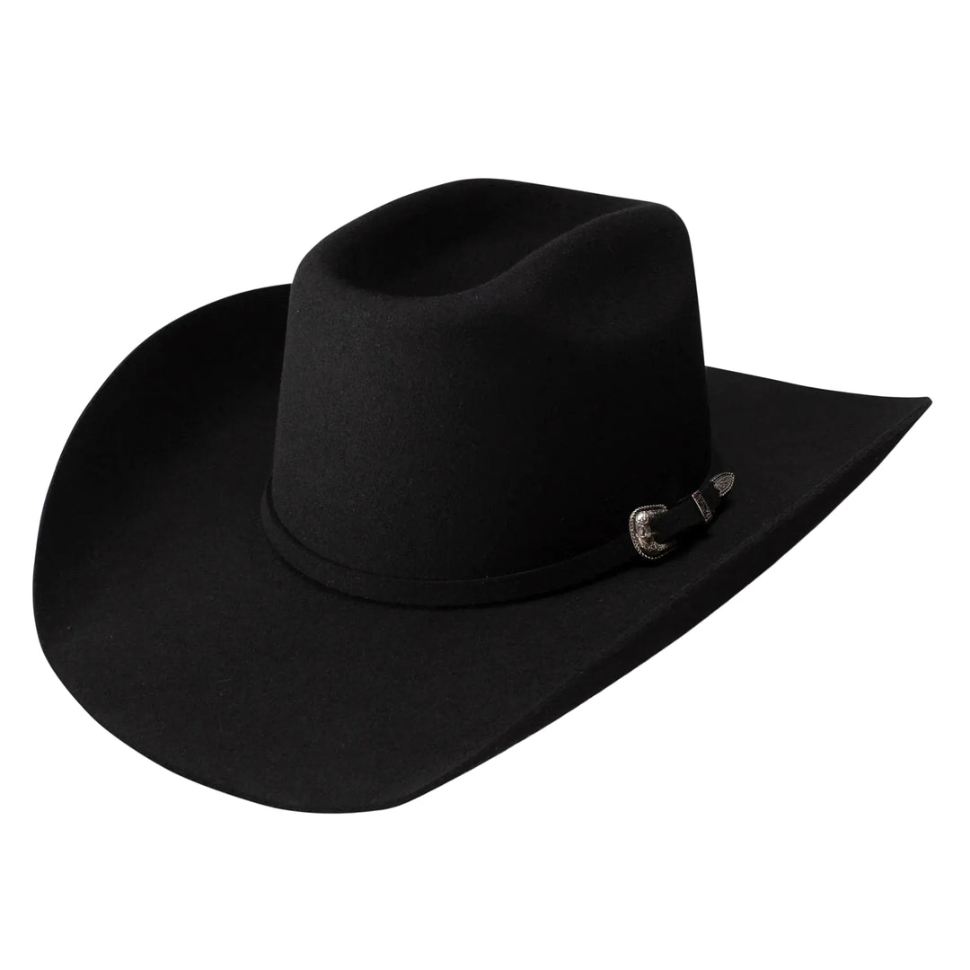 Black cowboy hat with a silver buckle on a white background