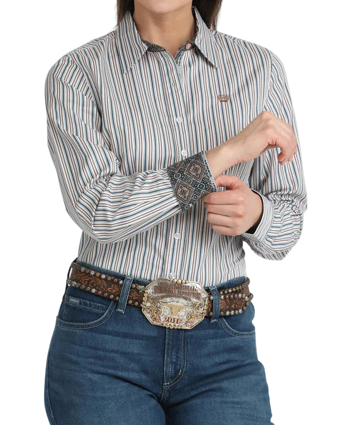 Cinch- Womens White Strip Arena Shirt