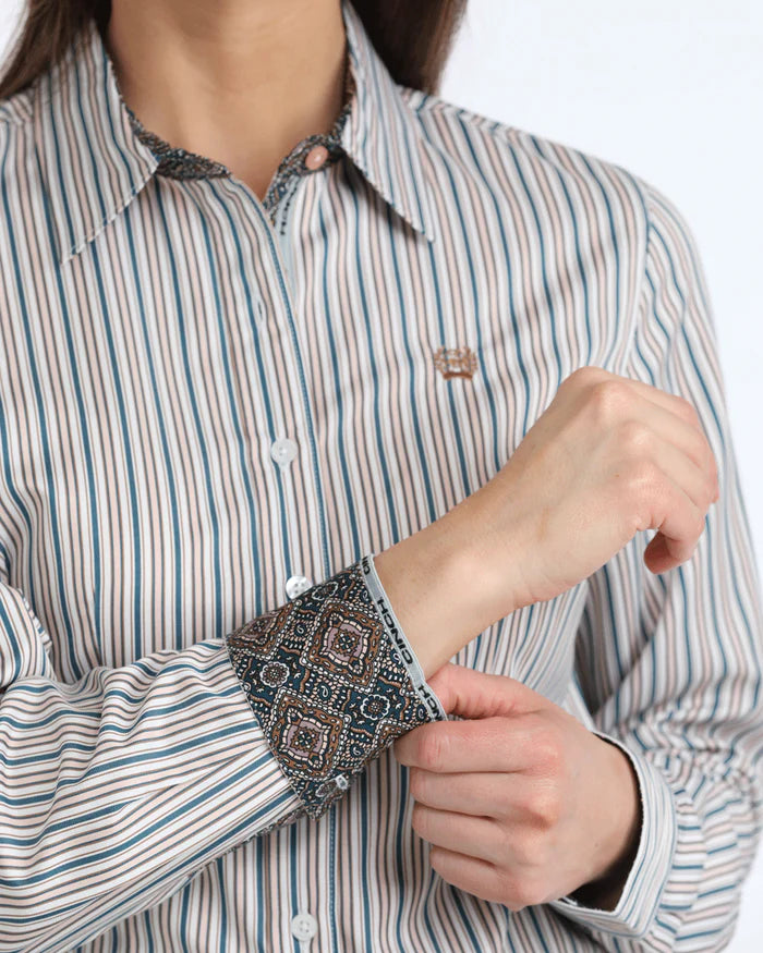 Cinch- Womens White Strip Arena Shirt