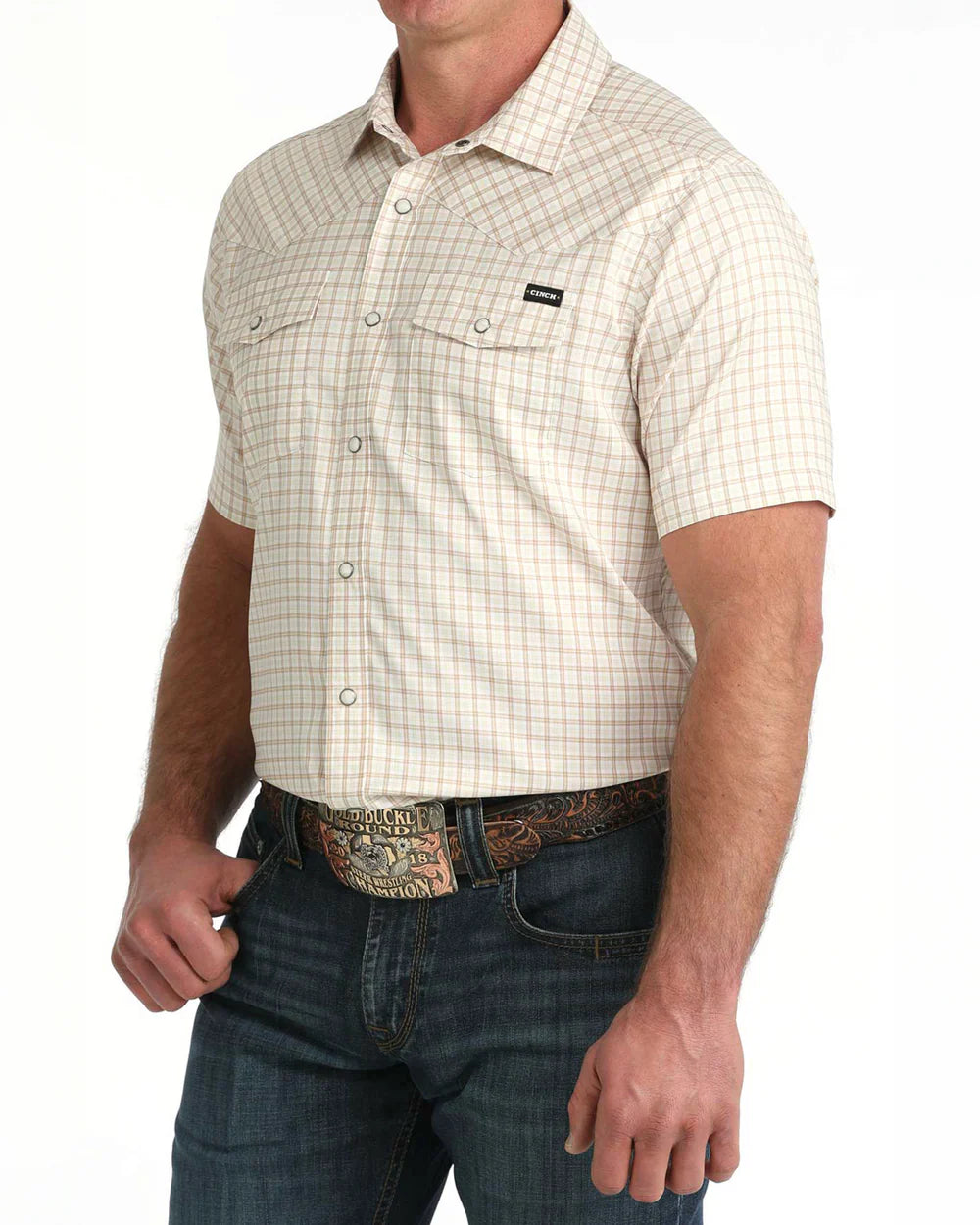 Cinch - Men's White Plaid Arena Flex Camp S/S Shirt