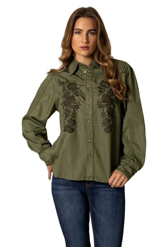 Kimes Ranch - Women's Mae Embroidered Blouse Olive