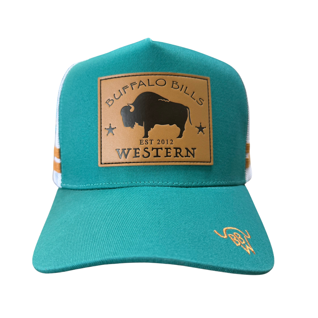 BBWS - Teal/White Bison Leather Patch Cap
