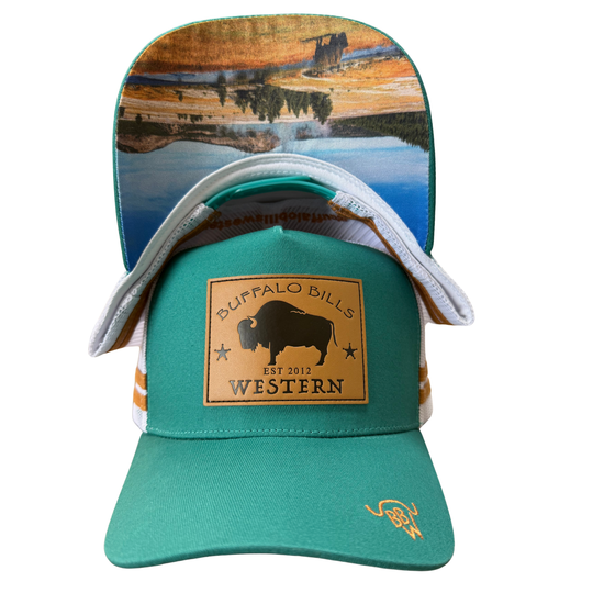 BBWS - Teal/White Bison Leather Patch Cap
