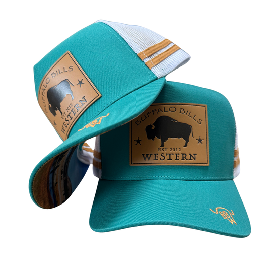 BBWS - Teal/White Bison Leather Patch Cap