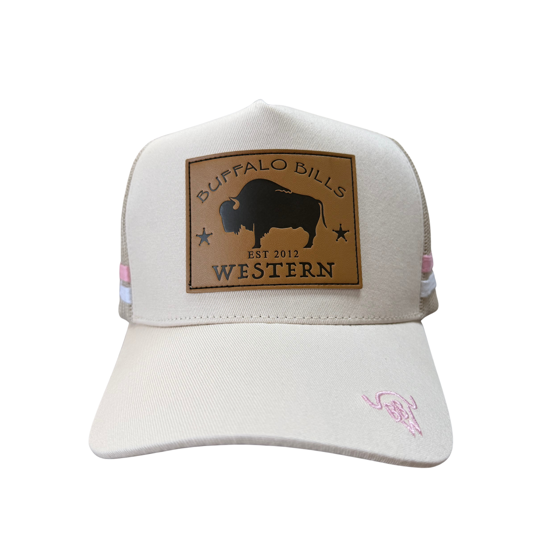 BBWS - Cream/Pink Bison Leather Patch Cap