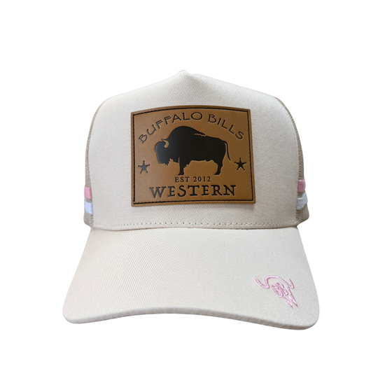 BBWS - Cream/Pink Bison Leather Patch Cap