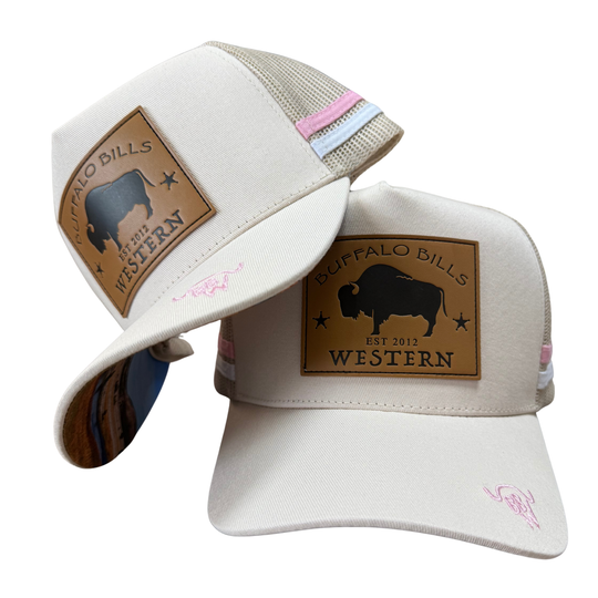 BBWS - Cream/Pink Bison Leather Patch Cap