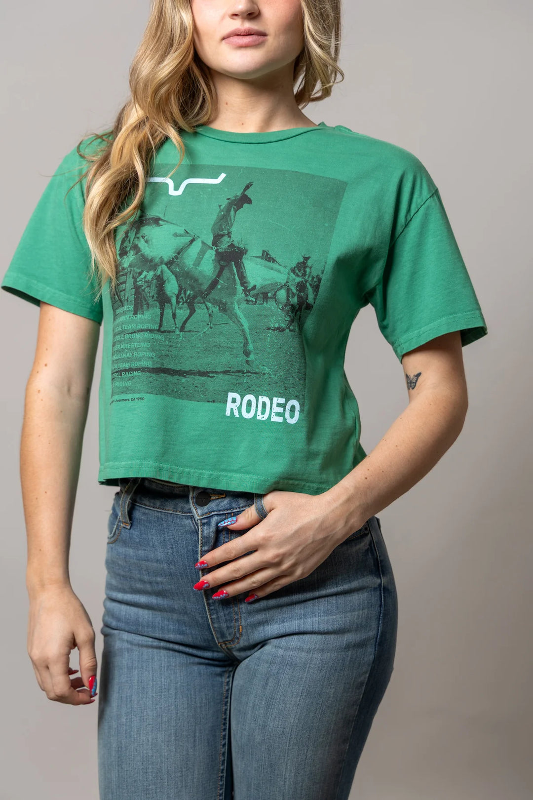 Kimes Ranch - Womens Not Our First Kelly Green Cropped Tee