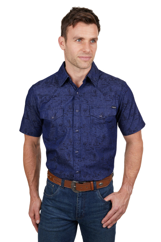 Pure Western - Mens Navy Drew Short Sleeve Arena