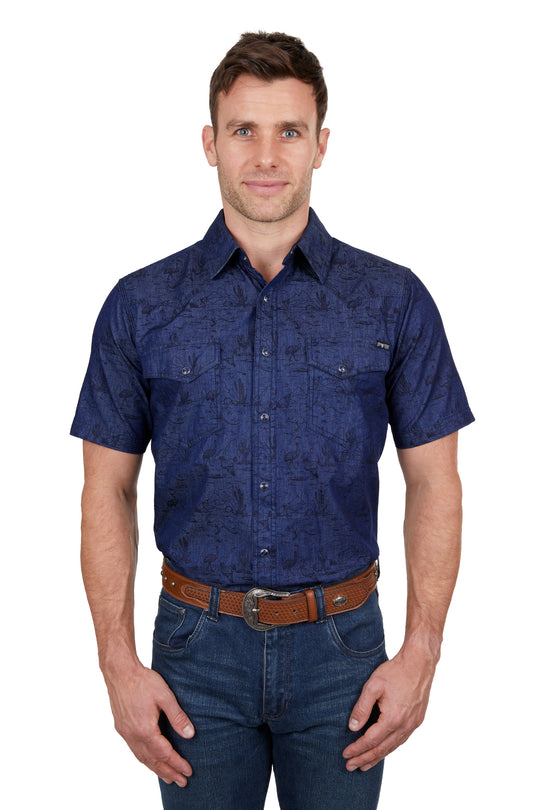 Pure Western - Mens Navy Drew Short Sleeve Arena