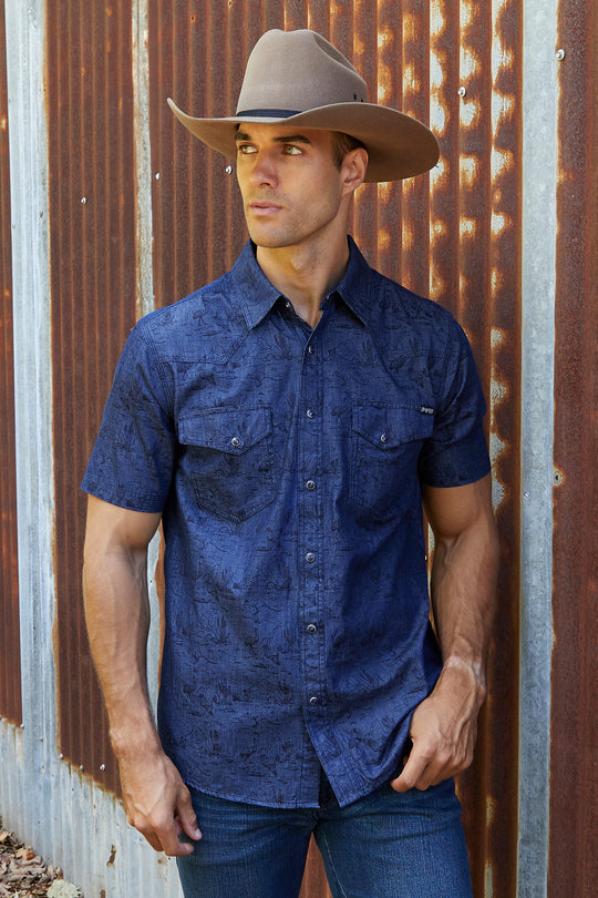 Pure Western - Mens Navy Drew Short Sleeve Arena