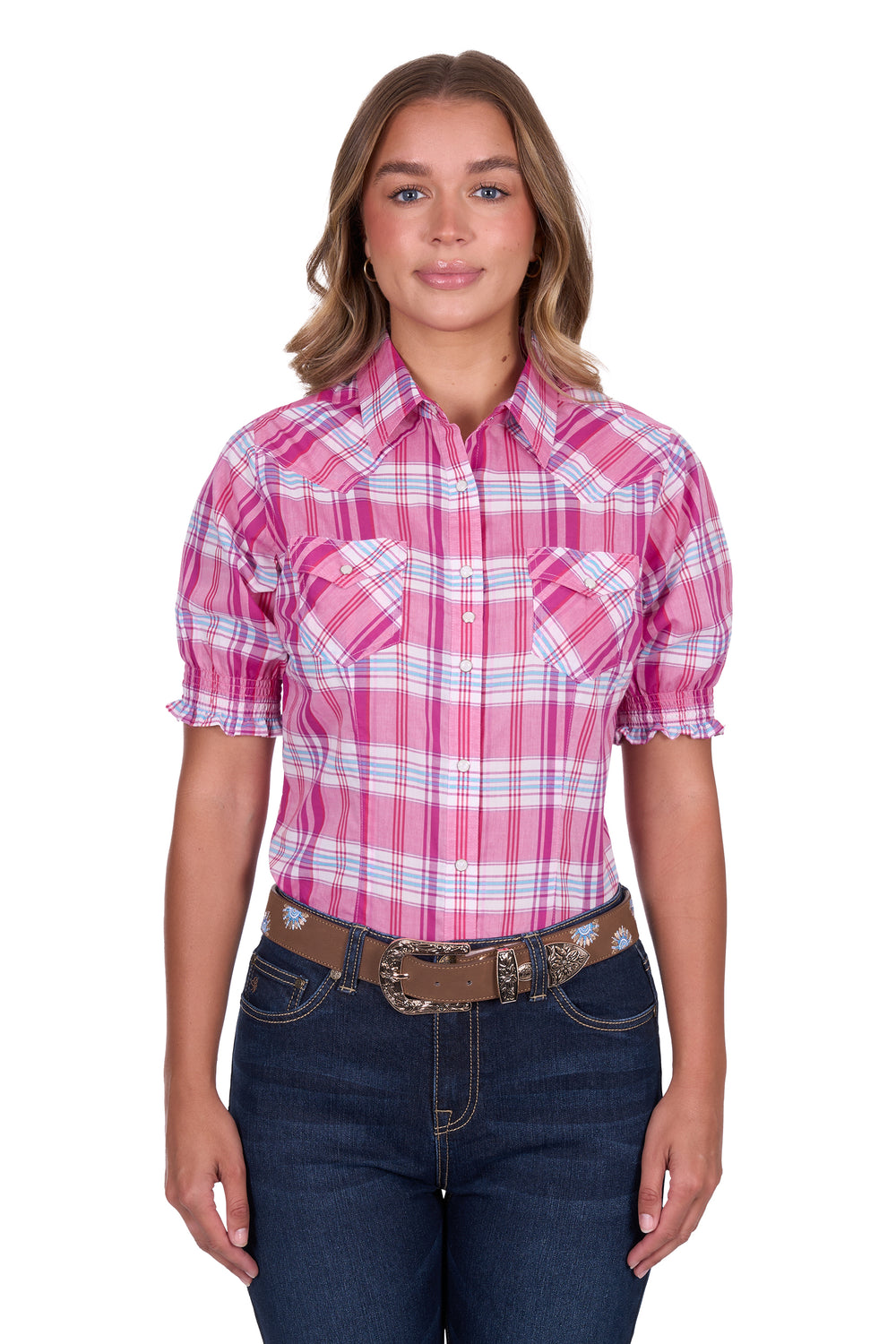 Pure Western - Womens Pink Check Leni SS Shirt