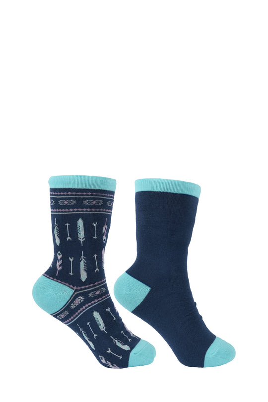 Pure Western - Navy/Turquoise Adult Crew Socks Twin Pack